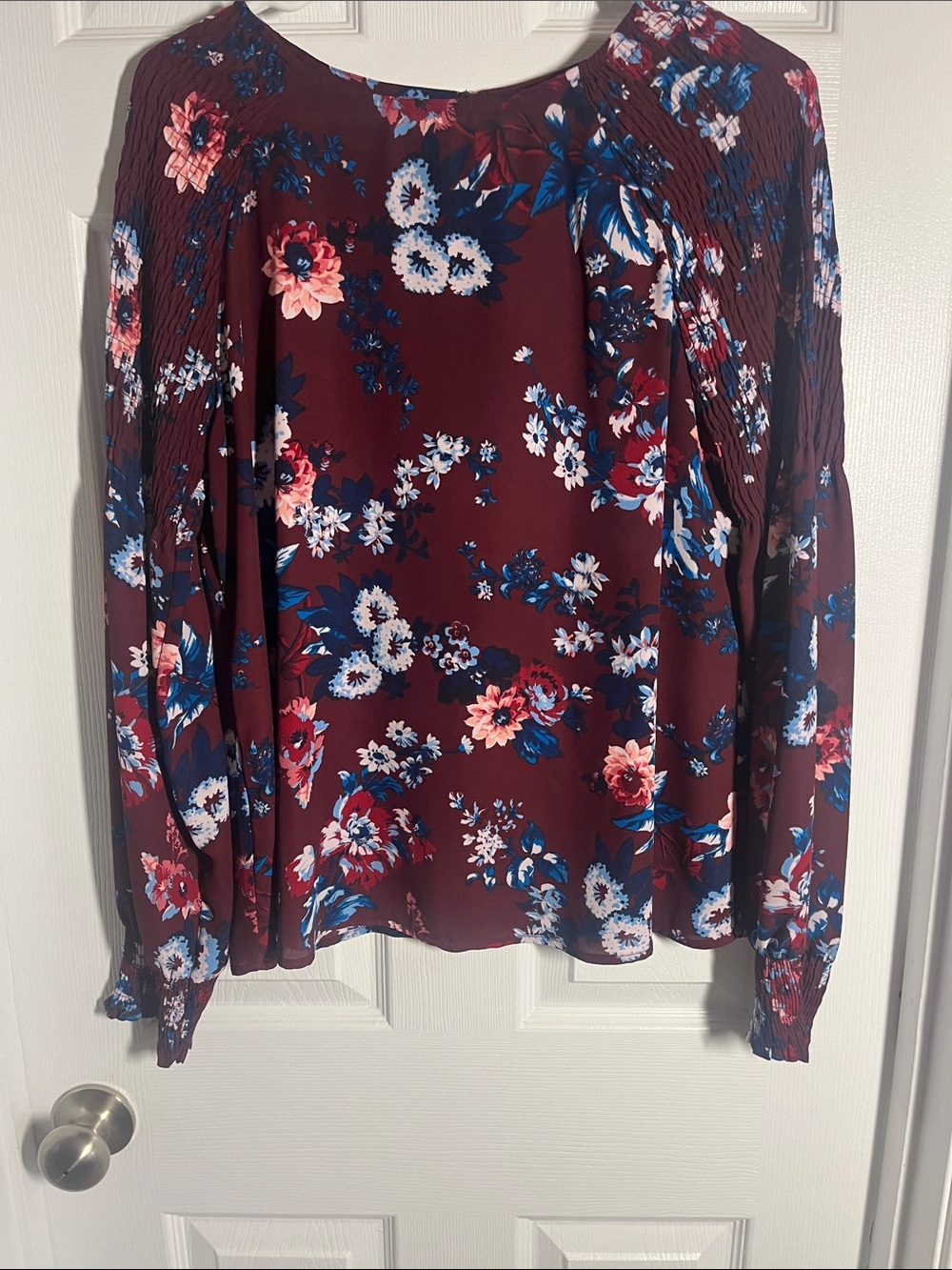 a.n.a Burgundy Floral Long-Sleeve Blouse with Blue and Pink Accents